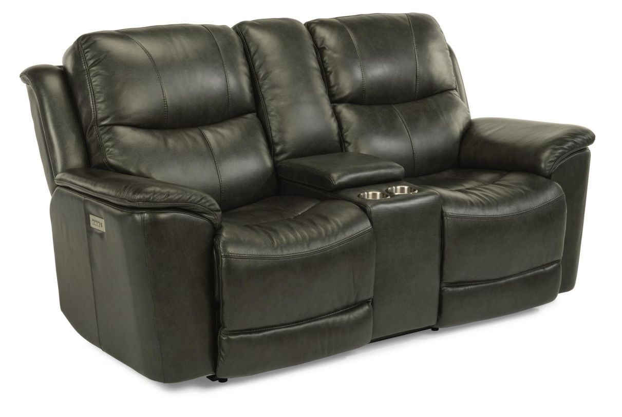 Flexsteel Latitudes Cade Leather Power Reclining Loveseat w Console Power Headrests Lumbar in Black 1183