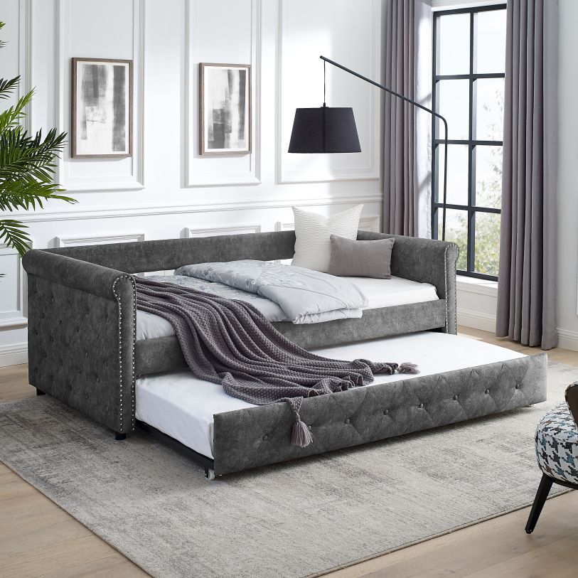 Daybed w/ Trundle Upholstered Tufted Sofa Bed, Both Twin Size 
