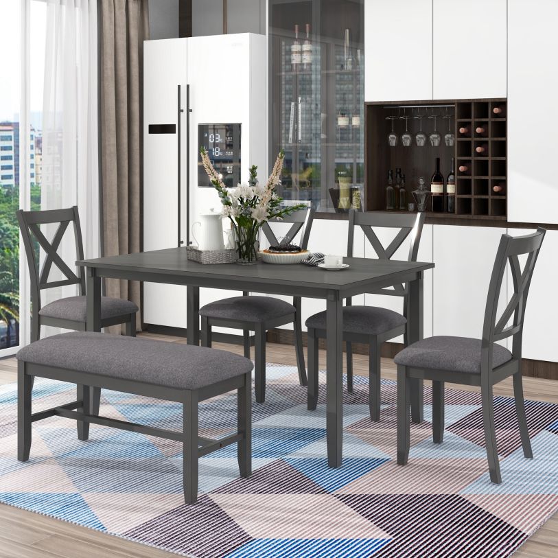 6Pc Kitchen Extendable Dining Table Set (Gray) FedEx/UPS