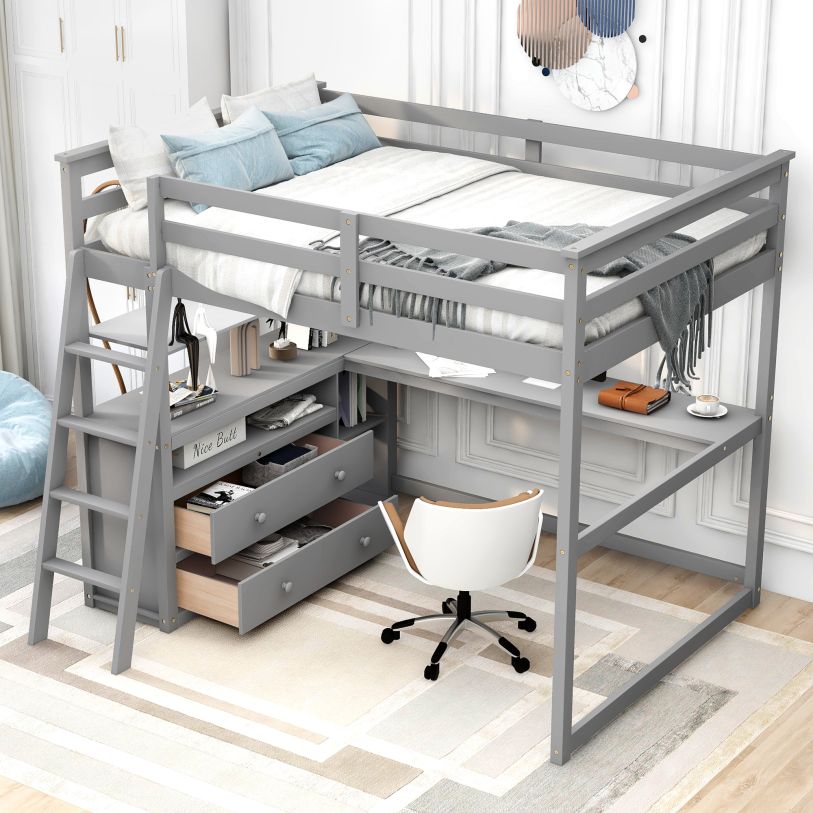 Full Loft Bed w/ Desk & Shelves, 2 Built-In Drawers, Gray FedEx/UPS