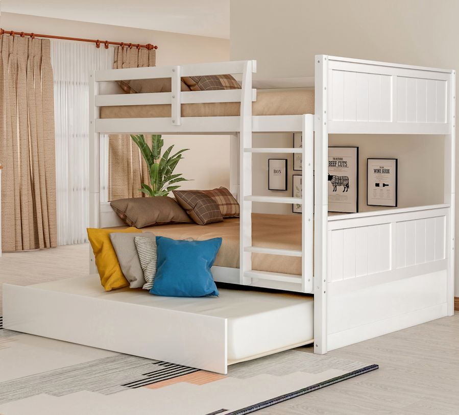Full Over Full Bunk Bed w/ Twin Trundle, White FedEx/UPS
