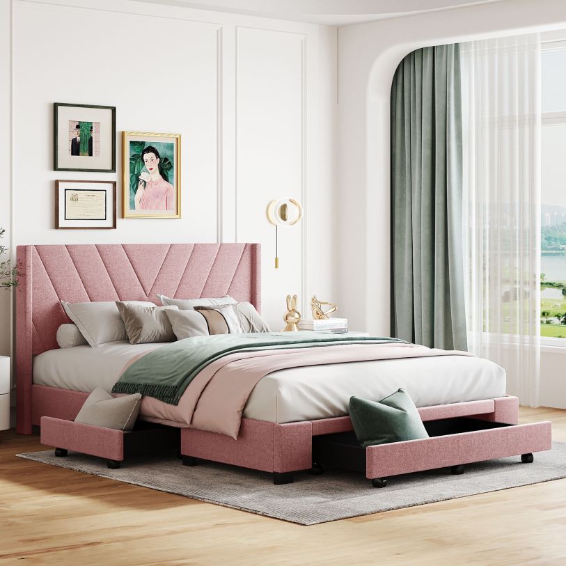 Queen Upholstered Platform Bed w 3 Drawers Pink FedEx UPS