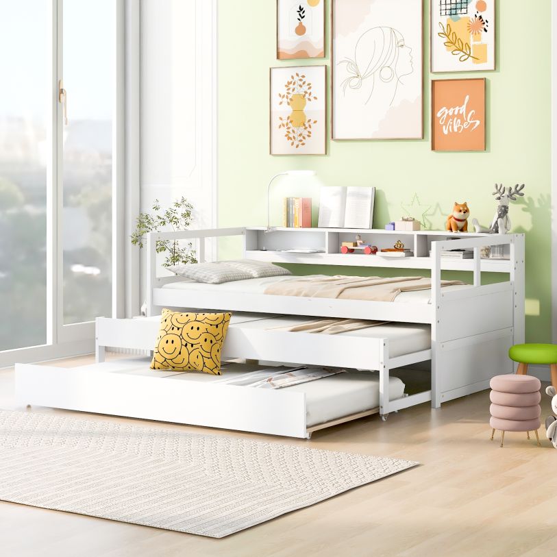 woody11 Shop Twin XL Wood Daybed w/ 2 Trundles, White FedEx/UPS