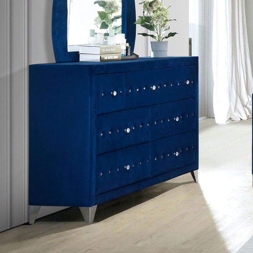 blue velvet dresser Melody Rectangular Upholstered Dresser Mirror Pacific Blue – Redwood Home  Furniture main image 0