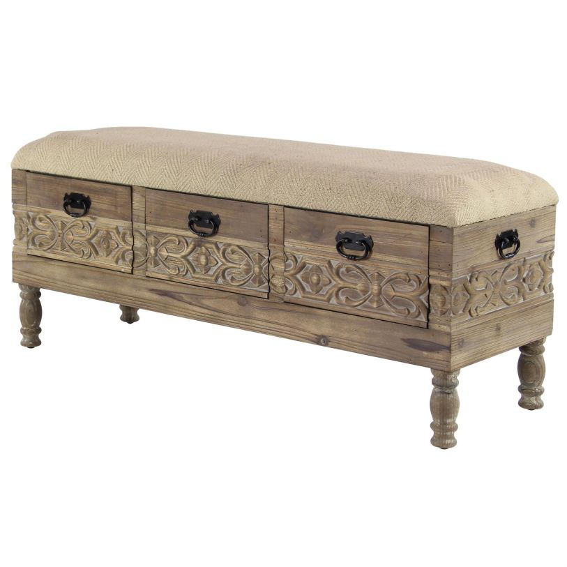 UMA Brown Wood Floral Intricately Carved Room Storage Bench with