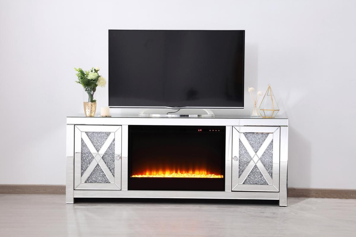 Elegant Furniture and Lighting Mirrored TV Stand with Fireplace - Thumbnail 2
