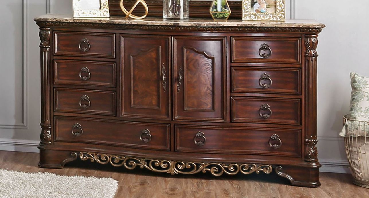 brown cherry dresser Benjara Miri 51 Inch 6 Drawer Tall Dresser Chest, Brass Carved, Cherry Oak Brown main image 1