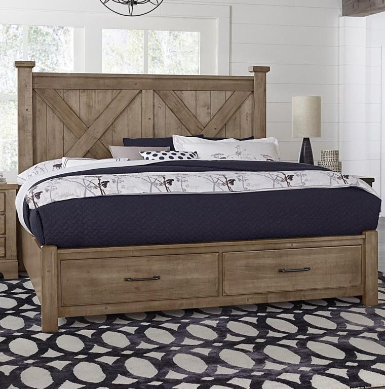 Vaughan Bassett Cool Rustic King Barndoor X Headboard with Storage Footboard Bed in Stone Grey