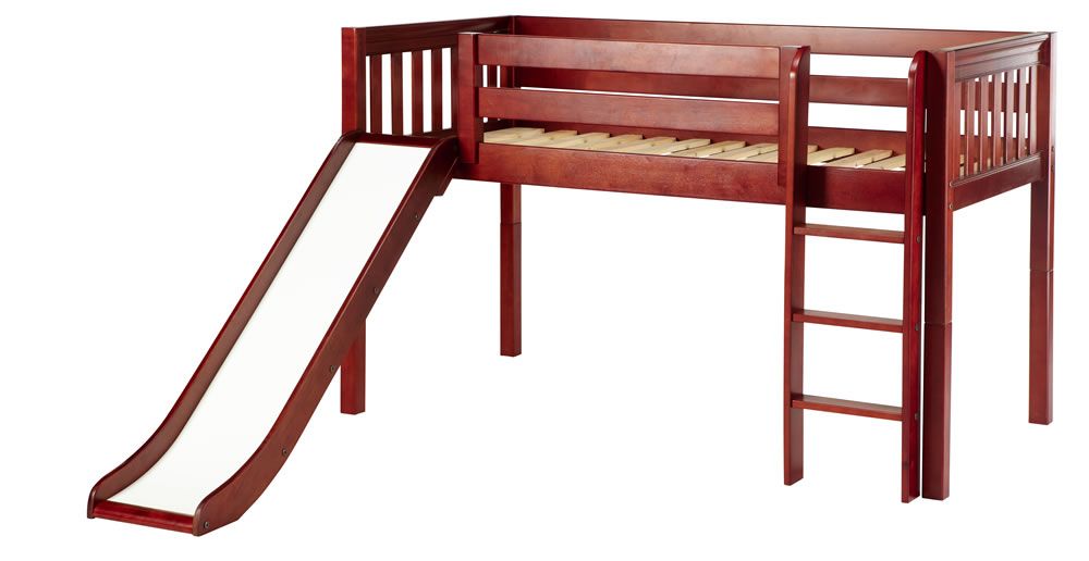 Large image Maxtrix Bare Bone Twin Size Low Loft (Low/Low) Slat Bed with Straight Ladder and Slide in Chestnut MARVELOUSCS