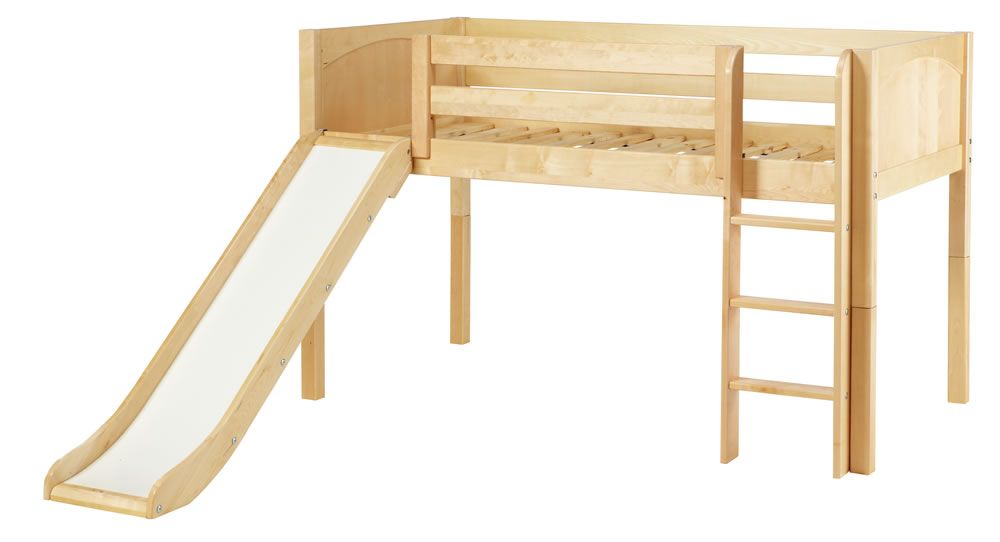 Large image Maxtrix Bare Bone Twin Size Low Loft (Low/Low) Panel Bed with Straight Ladder and Slide in Natural MARVELOUSNP