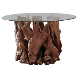 Coaster Asbury Round Glass Top Dining Table Clear and Natural Teak in Natural Light Brown 109511BG