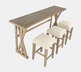 Jofran Carlyle Crossing Modern Rustic Solid Wood Pine Counter Height Sofa Table Set with Three Stools in Distressed Medium Brown 1921-74