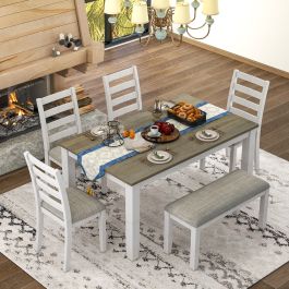 6Pc Dining Room Table Set w/ 4 Upholstered Chairs & a Bench