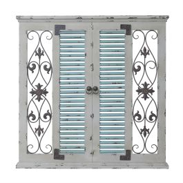 UMA Beige Wooden Scroll Window Shutter Home Wall Decor with Metal Scrollwork Relief, 40