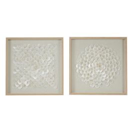 UMA Cream Shell Geometric Handmade Overlapping Shells Home Shadow Box with Canvas Backing, Set of 2 24