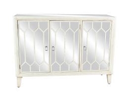 UMA White Wooden Geometric Mirrored 1 Shelf and 3 Doors Room Cabinet, 47