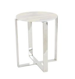 UMA White Marble Side End Accent Table with Silver Metal Legs, 18