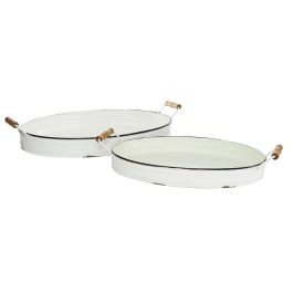 UMA White Metal Tray with Wood Handles, Set of 2 21