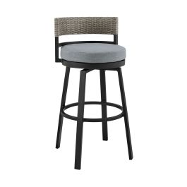 Armen Living Encinitas Outdoor Patio Swivel Bar Stool in Aluminum and Wicker with Gray Cushions LCECBAGR30