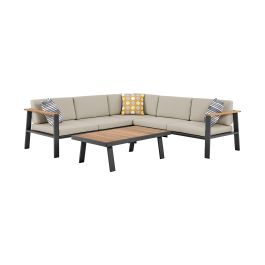 Armen Living Nofi Outdoor Patio Sectional Set in Charcoal Finish with Taupe Cushions and Teak Wood SETODNOSEBE CLOSEOUT